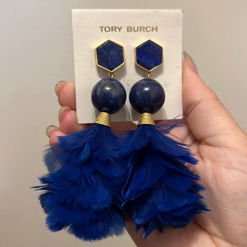 Tory Burch Royal blue feather drop earrings